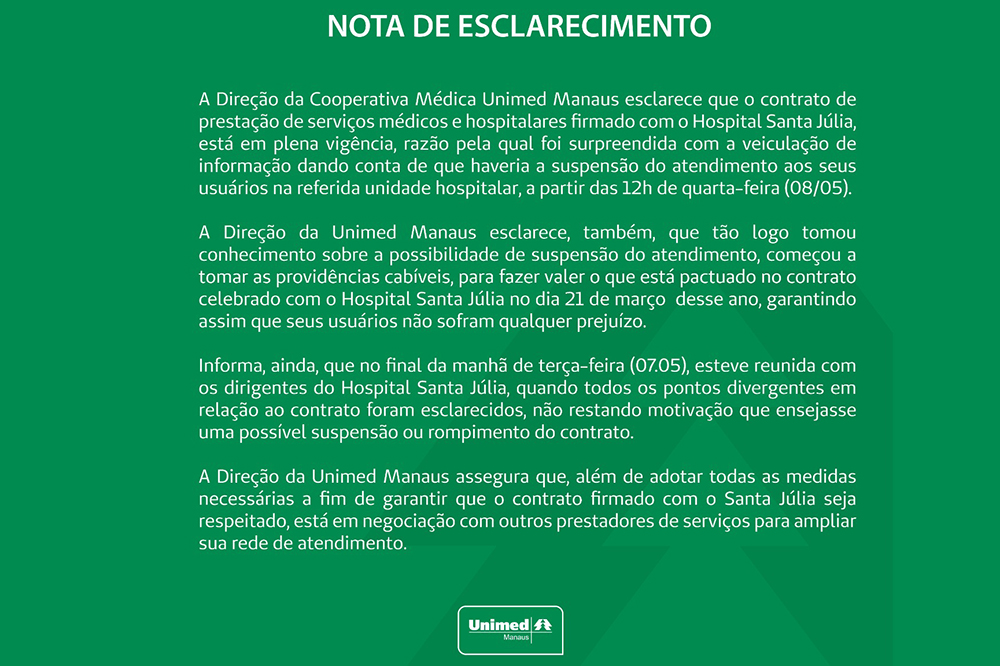 Unimed afirma surpresa com decisão do Santa Júlia Unimed afirma surpresa com decisão do Santa Júlia