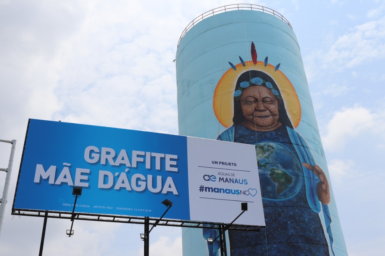 M&atilde;e das &aacute;guas: Grafite em reservat&oacute;rio na Ponta Negra destaca Amaz&ocirc;nia