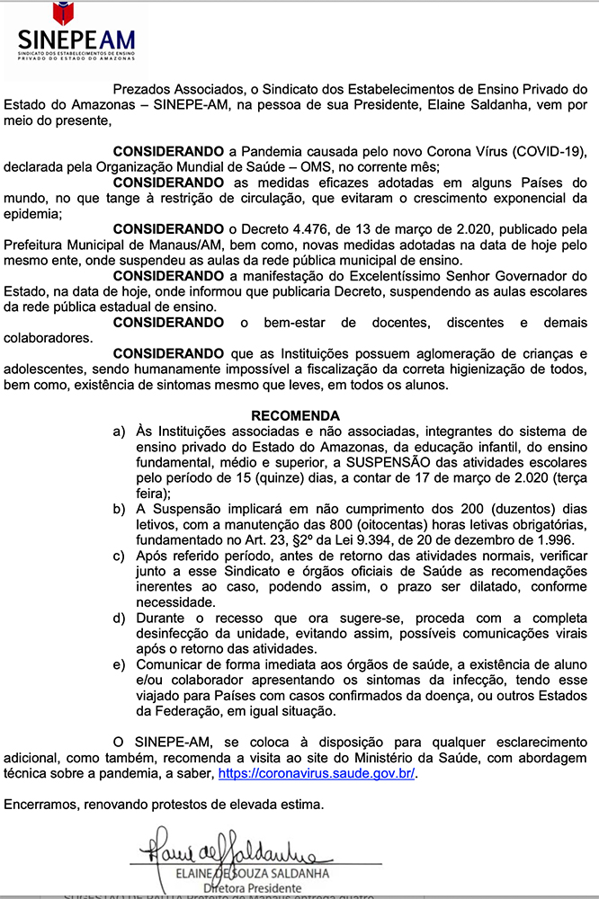 Sindicato recomenda suspensão das aulas na rede privada Sindicato recomenda suspensão das aulas na rede privada