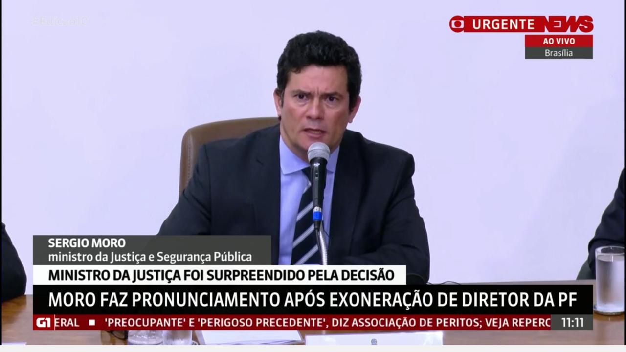 Sérgio Moro confirma saída do Ministério da Justiça; gota d'água foi troca na PF Sérgio Moro confirma saída do Ministério da Justiça; gota d'água foi troca na PF