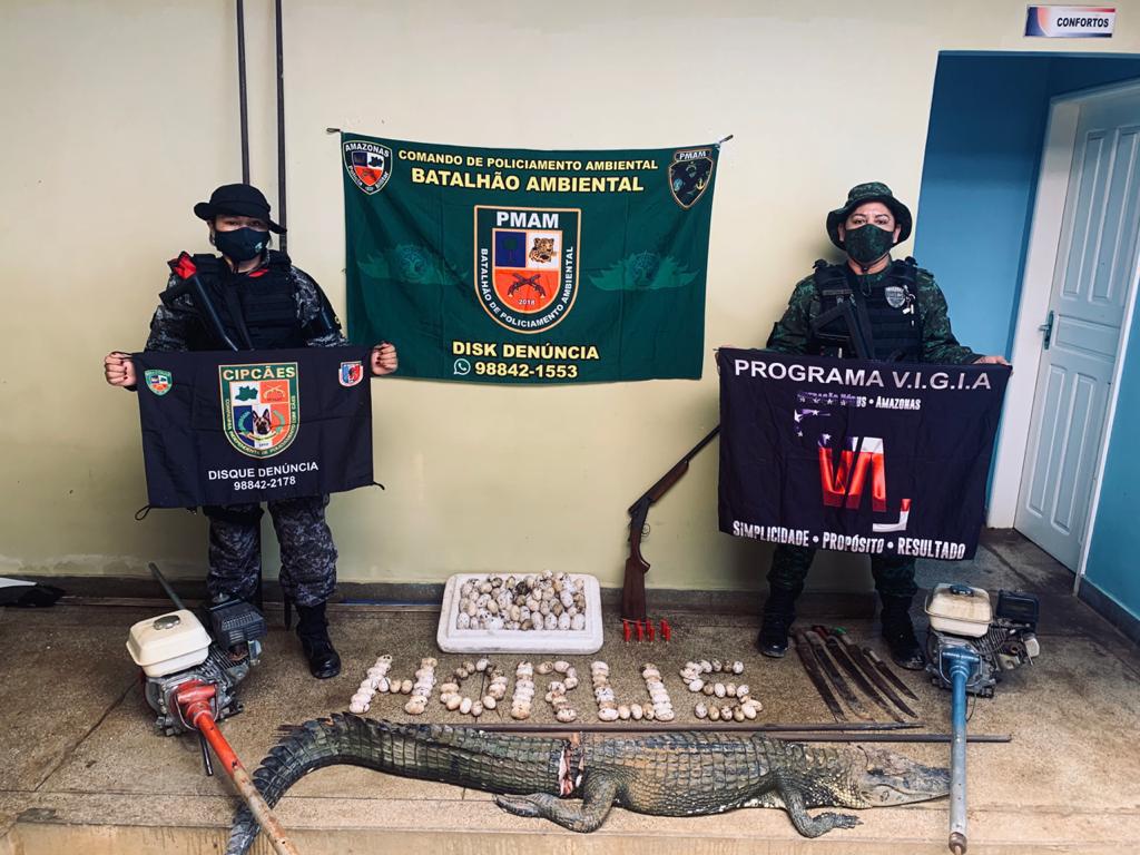 Polícia prende 6 pessoas por abate de jacaré e posse de arma no RDS do Piranha Polícia prende 6 pessoas por abate de jacaré e posse de arma no RDS do Piranha