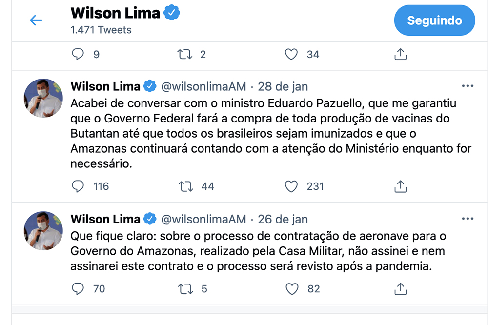 Wilson Lima descartou jatinho Wilson Lima descartou jatinho
