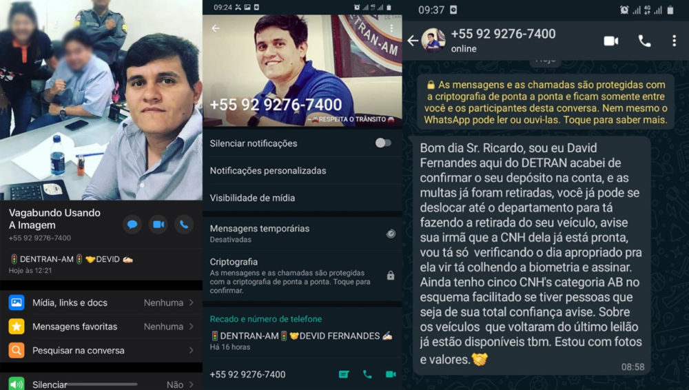 Criminosos aplicam golpes usando imagem de servidores do Detran-AM Criminosos aplicam golpes usando imagem de servidores do Detran-AM