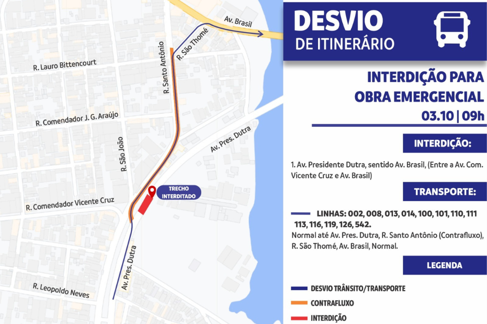Trecho da avenida Presidente Dutra &eacute; interditado e altera tr&acirc;nsito no Santo Ant&ocirc;nio