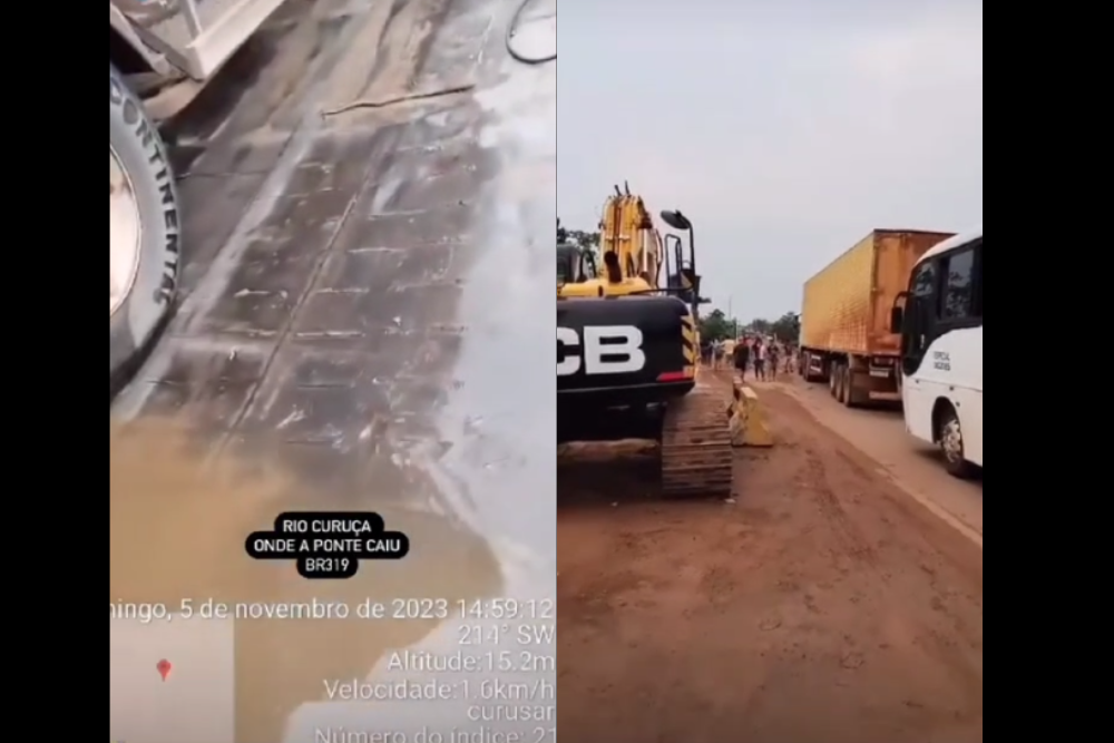 Afunda a balsa da ponte que caiu, na BR-319, e filas se formam na travessia