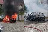 Mulheres descem de carro antes dele ser consumido pelo fogo em Manaus
