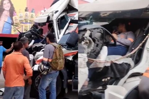 Motorista fica presa às ferragens em acidente entre carretas no Distrito Industrial