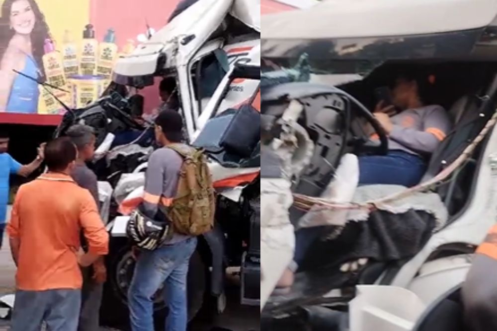Motorista fica presa às ferragens em acidente entre carretas no Distrito Industrial Motorista fica presa às ferragens em acidente entre carretas no Distrito Industrial
