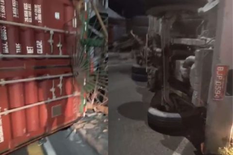 Carreta desgovernada tomba e atinge casa na avenida Rodrigo Otávio