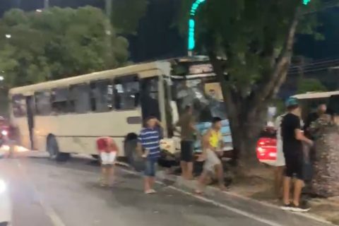 Ônibus invade canteiro central e colide contra árvore na avenida Torquato Tapajós