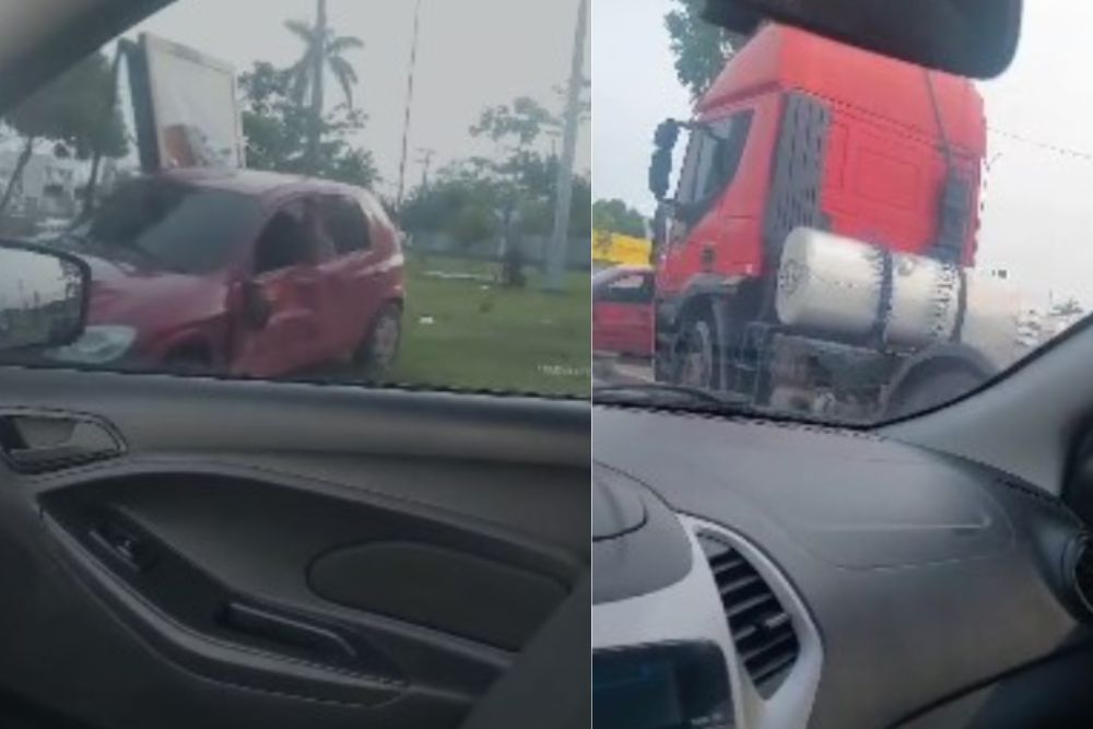 Carreta bate em carro e provoca acidente na Avenida Torquato Tapaj&oacute;s