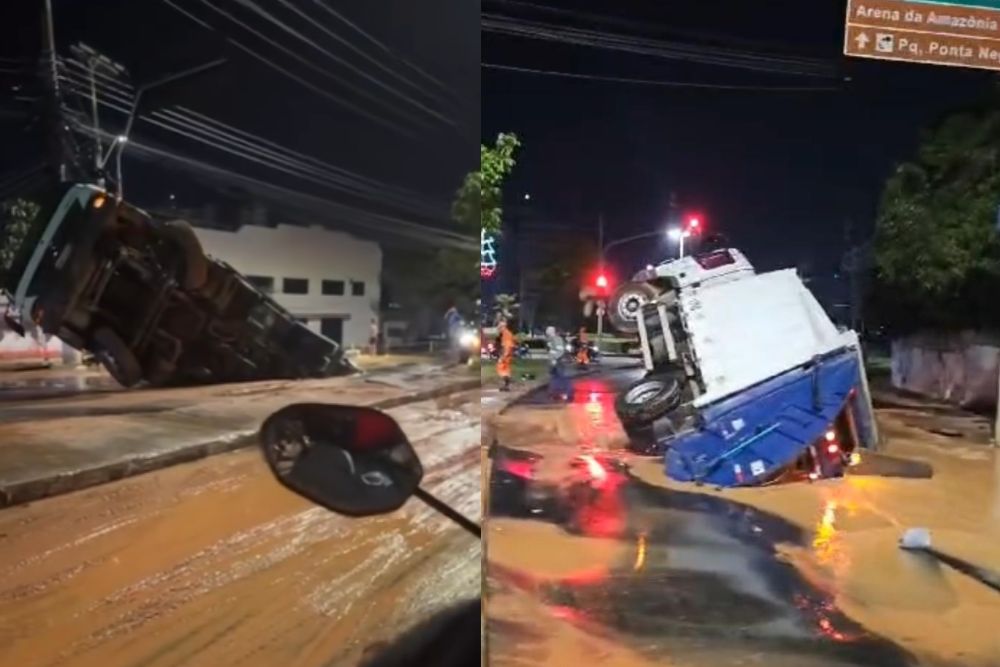 Adutora rompe e caminhão de lixo cai no buraco, em frente ao Porão do Alemão. Veja Adutora rompe e caminhão de lixo cai no buraco, em frente ao Porão do Alemão. Veja