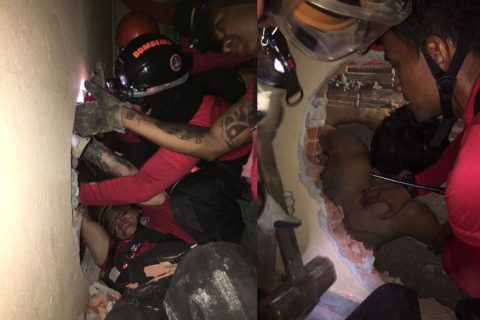 Bombeiros resgatam homem preso entre paredes de duas casas no Lírio do Vale