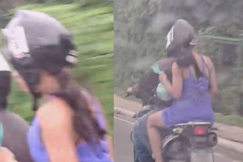 Mulher viraliza ao usar capacete ao contrário em Manaus; veja