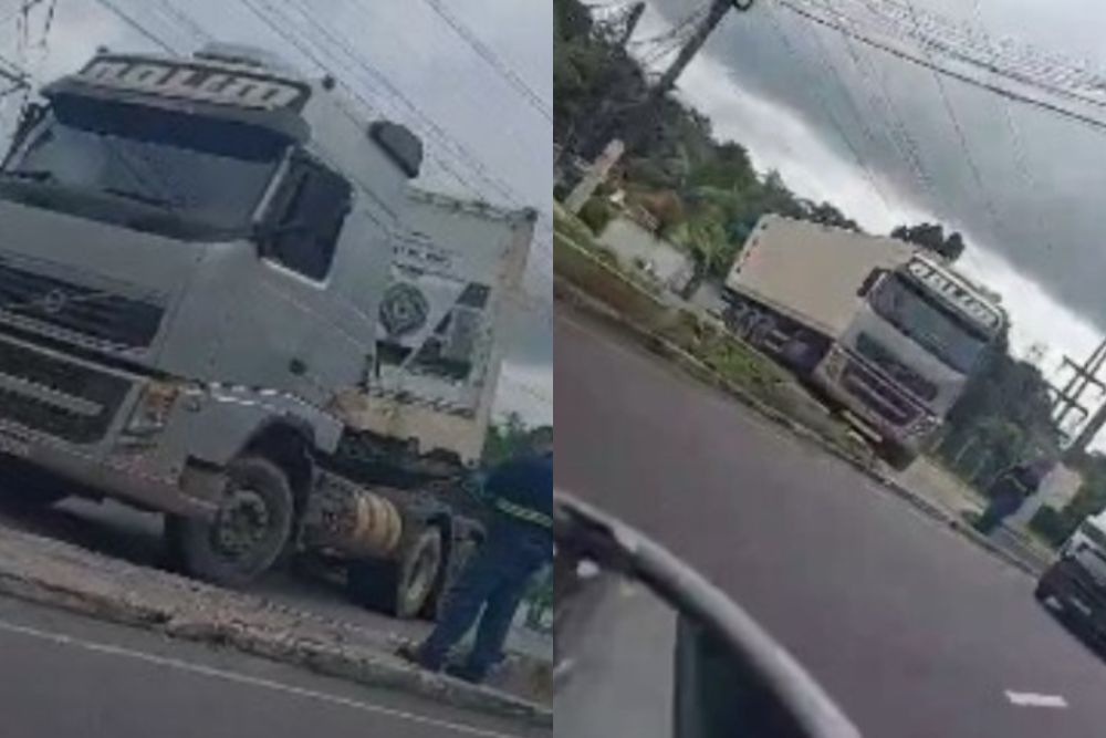caminhão cai em manobra e paralisa trânsito em avenida de Manaus caminhão cai em manobra e paralisa trânsito em avenida de Manaus
