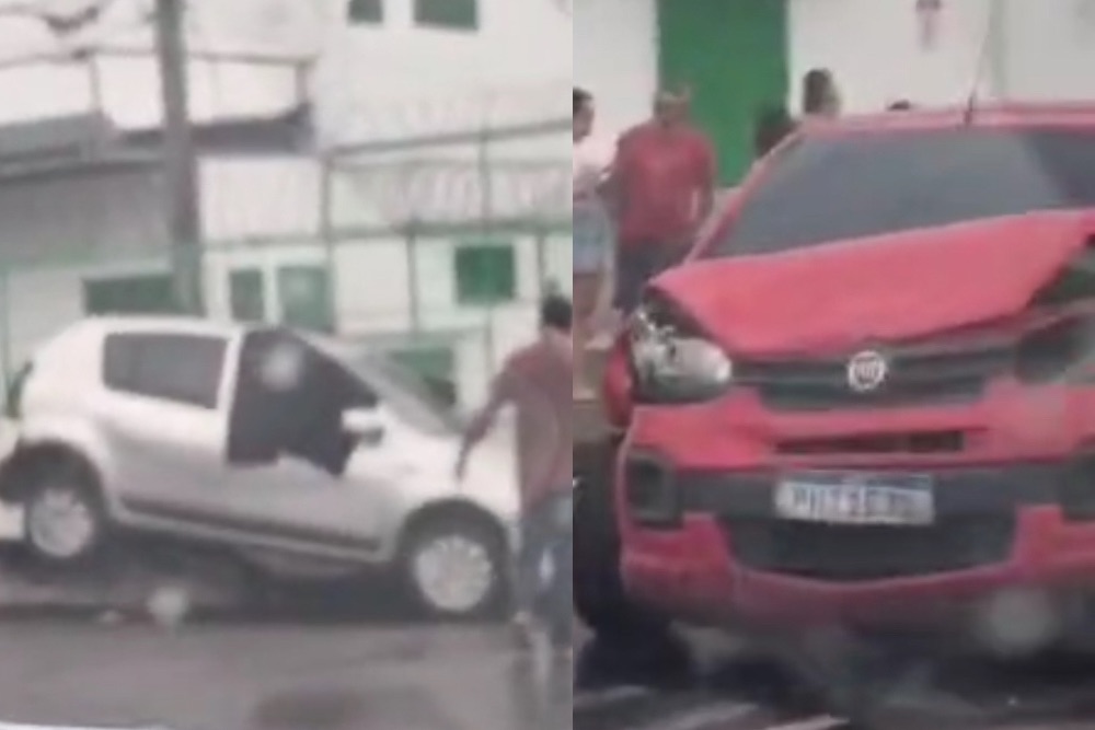 Carro é arremessado na calçada após colidir com outro veículo no bairro Cachoeirinha Carro é arremessado na calçada após colidir com outro veículo no bairro Cachoeirinha