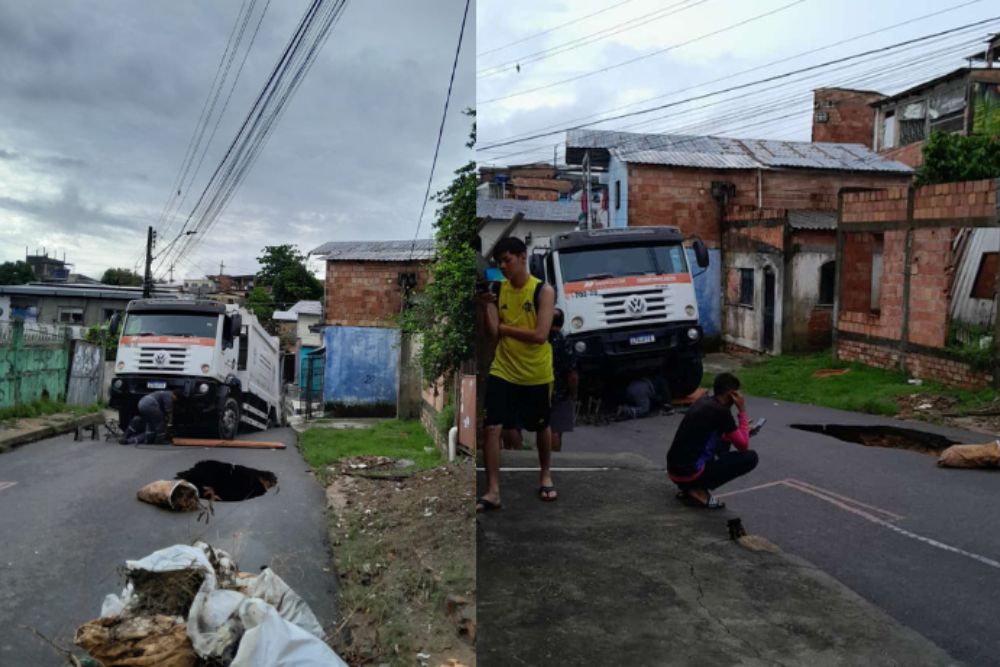 Asfalto cede e caminh&atilde;o de coleta cai em buraco no bairro Coroado