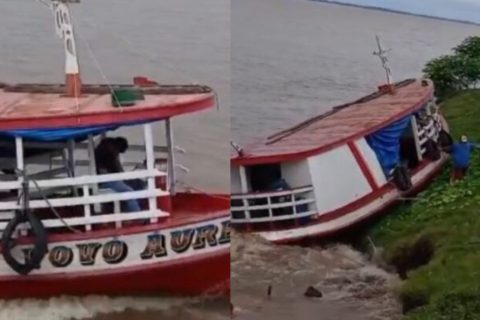 Marinheiro dorme ao leme e barco colide com barranco no Rio Amazonas