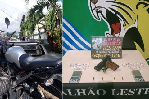 Polícia prende dupla com 30 trouxinhas de oxi e captura foragido com moto roubada em Manaus