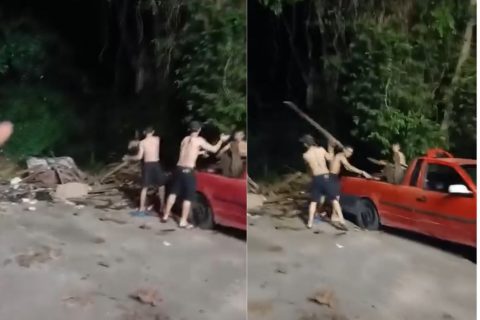 Homens são flagrados jogando entulho em área verde no bairro Cidade Nova