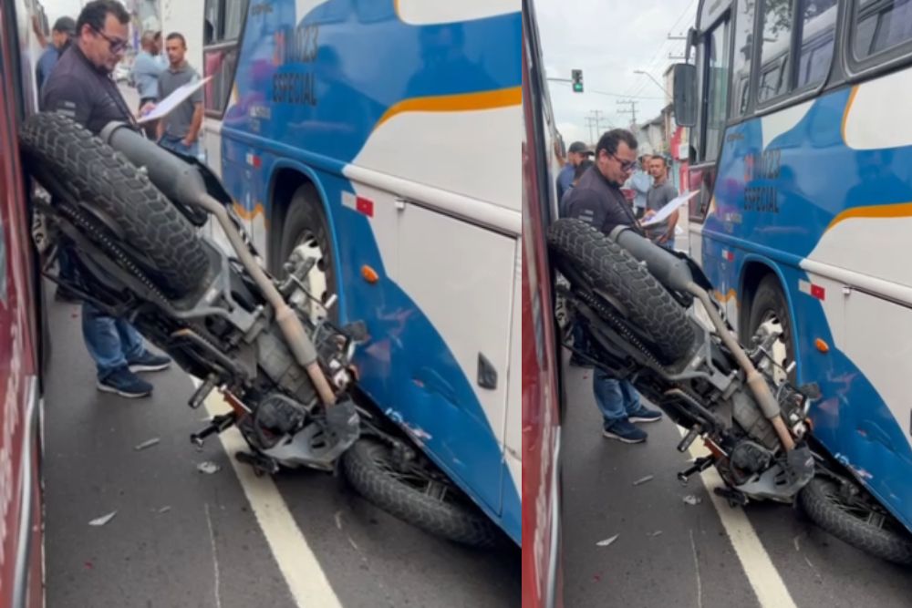 Moto é prensada entre dois ônibus na avenida Grande Circular Moto é prensada entre dois ônibus na avenida Grande Circular
