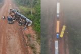 Imagens de drone mostram congestionamento e caminhão tombado na BR‑319