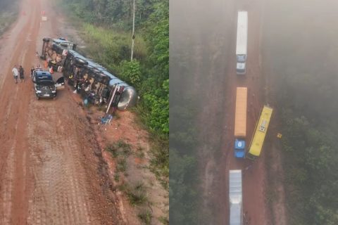 Imagens de drone mostram congestionamento e caminhão tombado na BR‑319