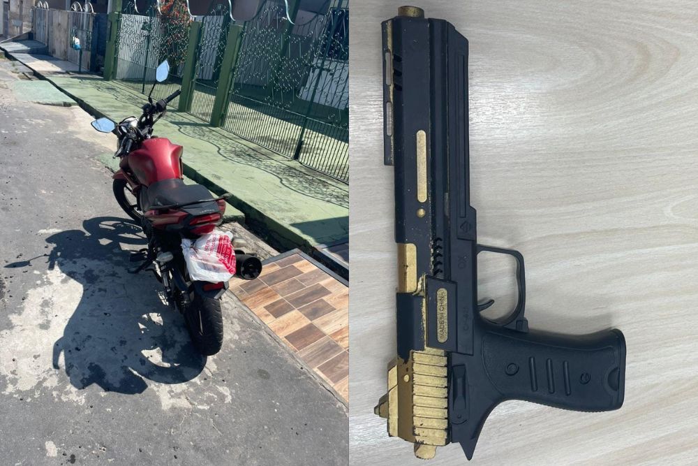 Dupla é presa com arma falsa e moto adulterada em Manaus Dupla é presa com arma falsa e moto adulterada em Manaus