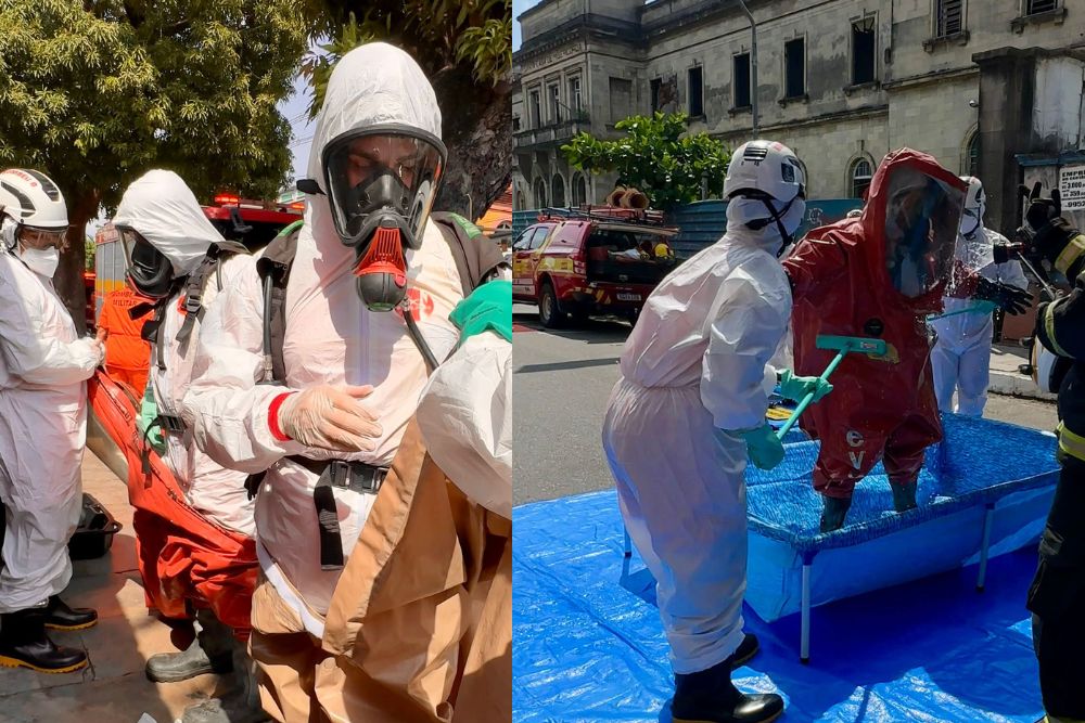 Treinamento do Corpo de Bombeiros simula vazamento de produto qu&iacute;mico e desabamento parcial de pr&eacute;dio no Centro