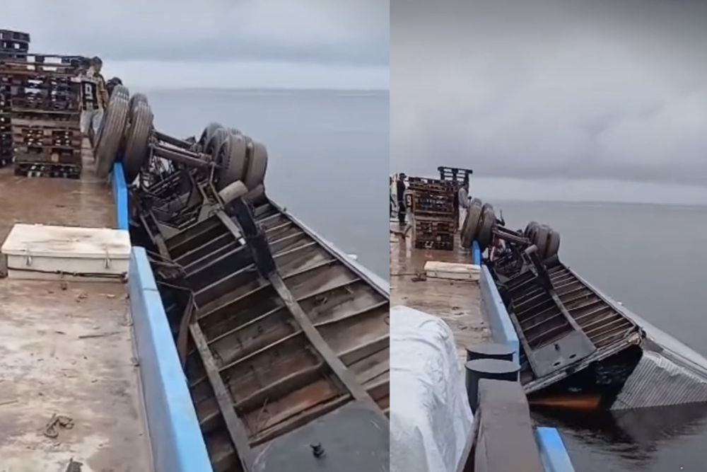 Caminhão carregado com leite em pó cai no Rio Negro após acidente em porto de Manaus