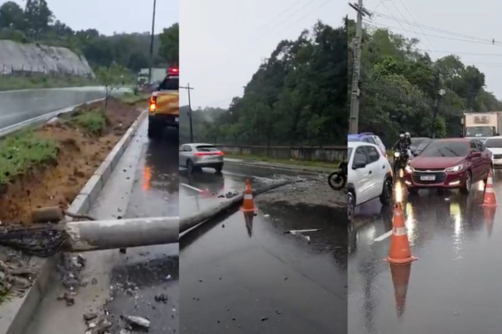 Queda de poste após chuva interdita trecho da Avenida do Turismo em Manaus