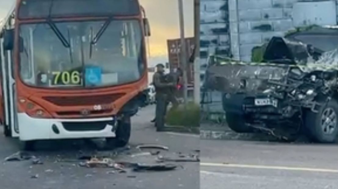 Acidente entre ônibus e picape destrói carro e deixa três feridos no Colônia Oliveira Machado