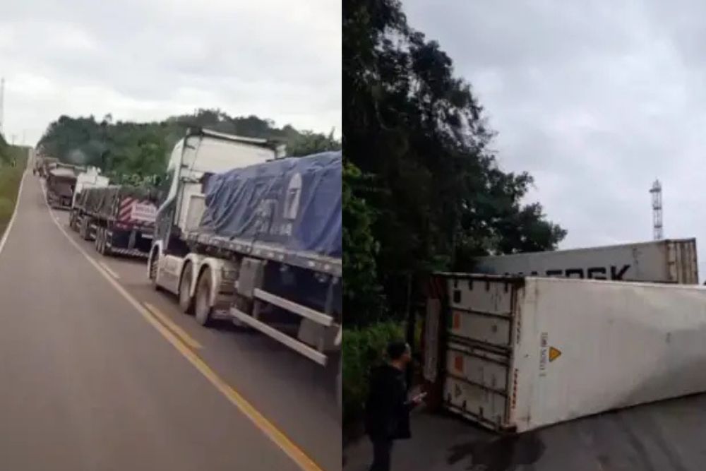 Tombamento de carretas paralisa BR-174 e bloqueia ligação entre Manaus e Boa Vista