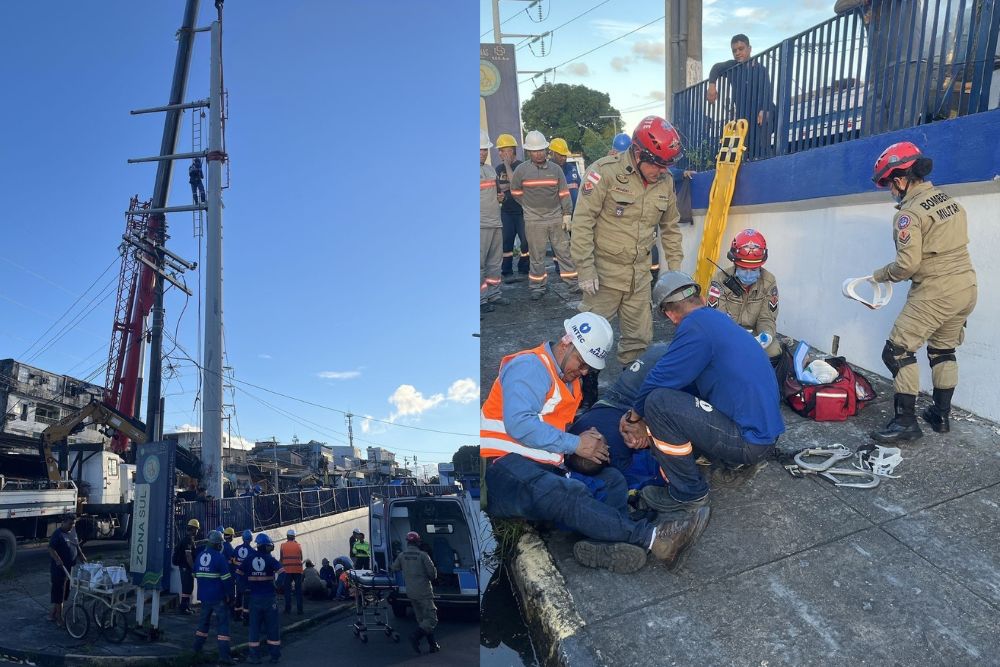 Bombeiros resgatam trabalhador após queda de 10 metros durante serviço em poste