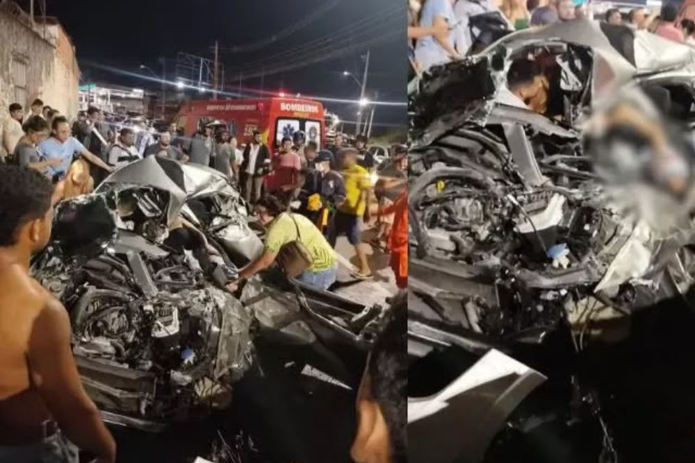Carreta tomba em viaduto de Manaus e causa acidente violento envolvendo dois carros