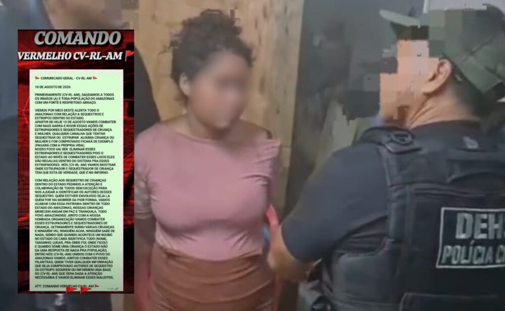 ‘Salve’ atribuído ao CV ameaça suspeitos de estupro e sequestro após caso de bebê em Manaus