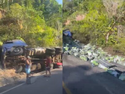 Carreta tomba e espalha carga pela AM-179 no interior do Amazonas