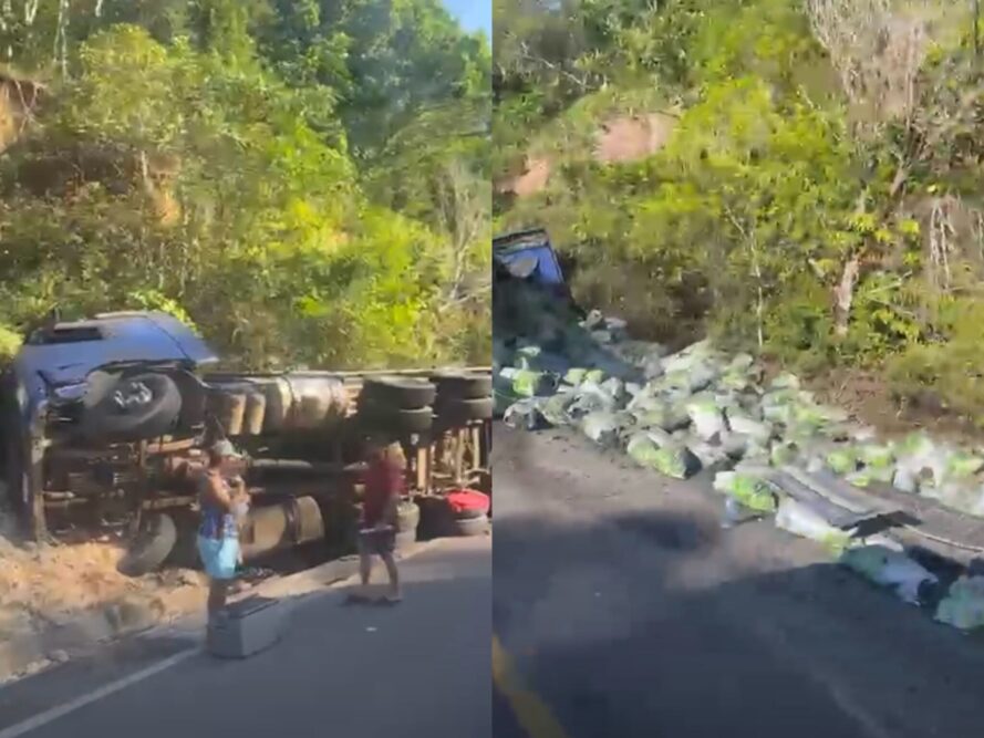 Carreta tomba e espalha carga pela AM-179 no interior do Amazonas