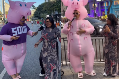 Marcia Siqueira encontra ‘Porquinho da Paulista’ e canta toada na Avenida Paulista