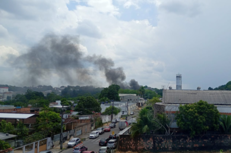 Incêndio se espalha por área de mata e mobiliza bombeiros no Parque 10, em Manaus