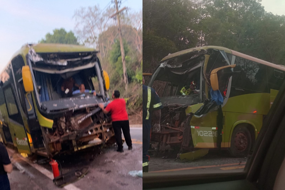 Acidente entre ônibus e carreta provoca congestionamento na BR-174